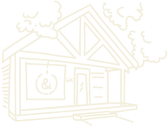 A minimalist beige line-art illustration of a house with a storefront window, door, front steps, and stylized smoke or clouds rising from the roof, shown on a white background.